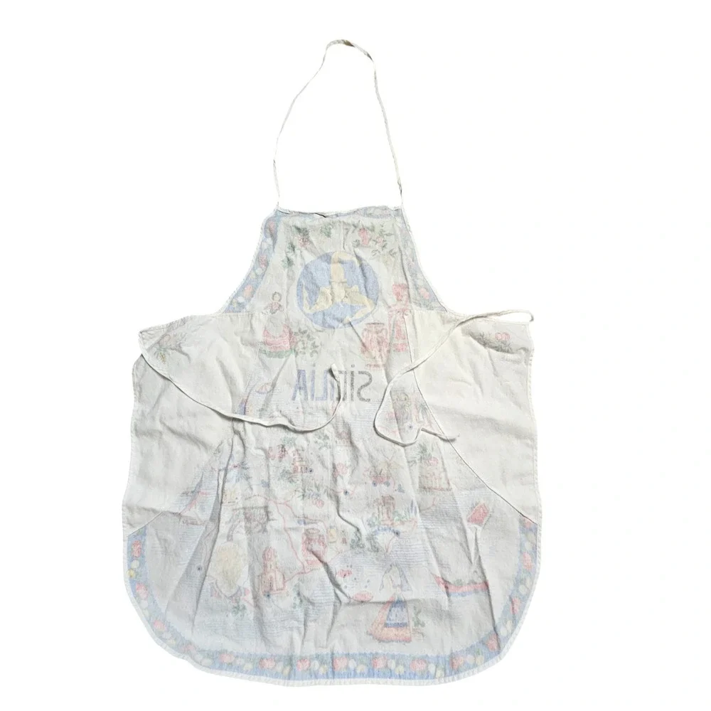 Vintage Sicilia Sicily‎ Map Art Cooking Apron People Town Cities Italy Cotton